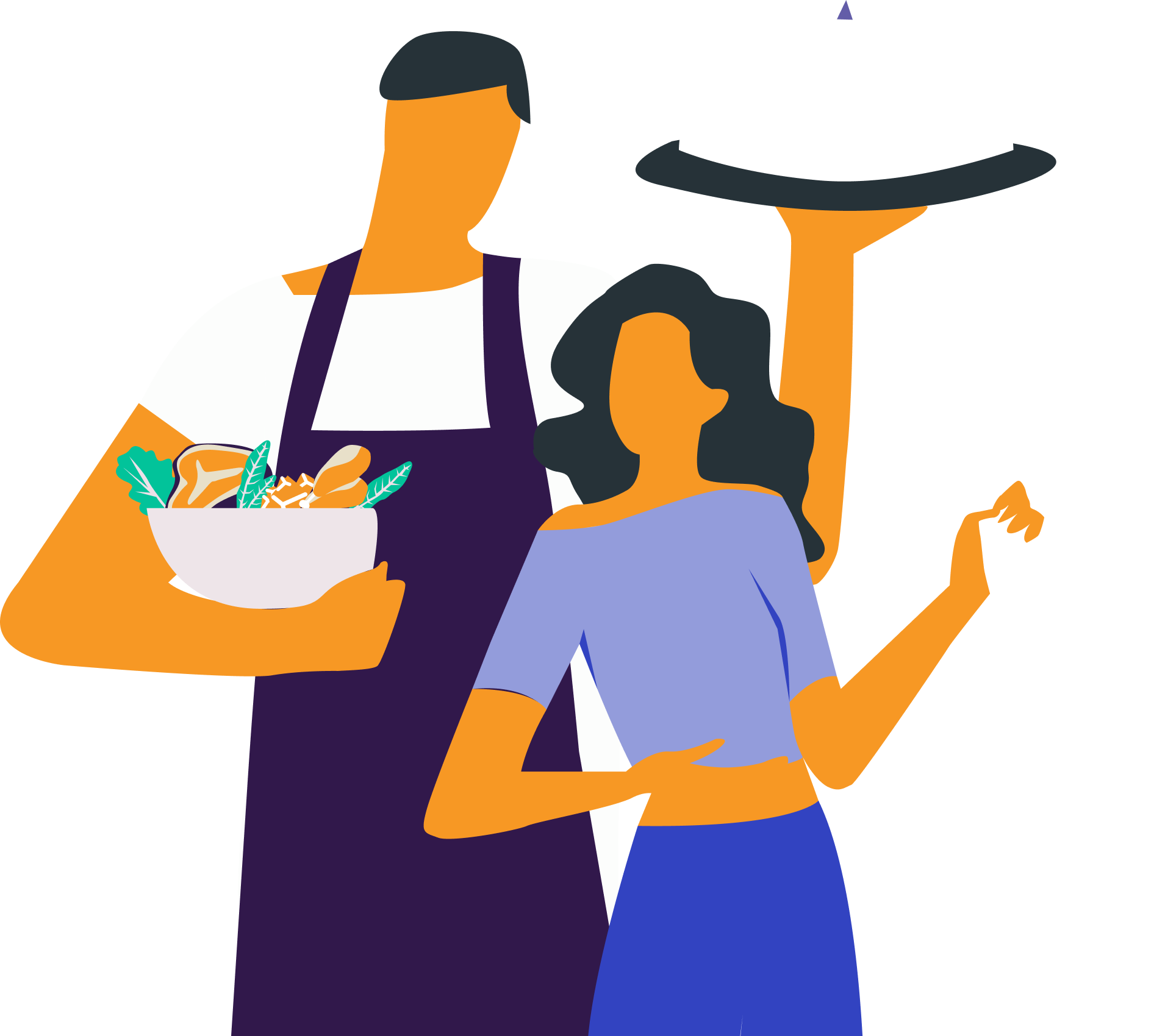 People carrying food and paper